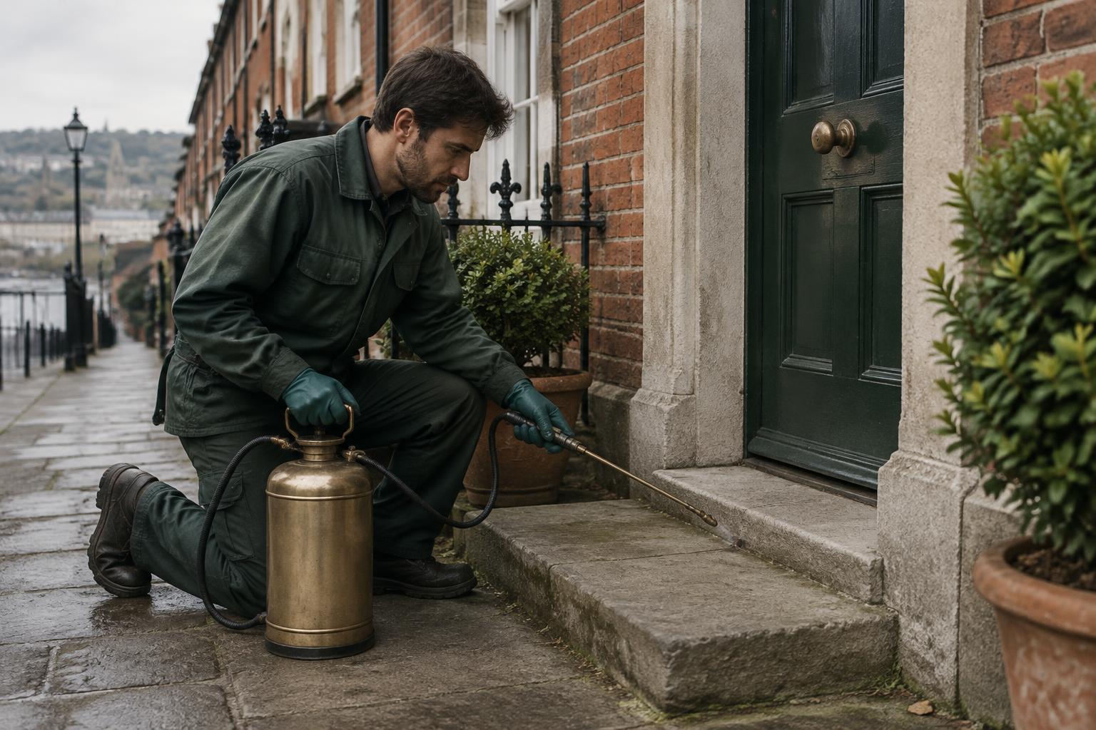 A pest control technician in a green uniform kneeling at a brick townhouse doorway in Cork